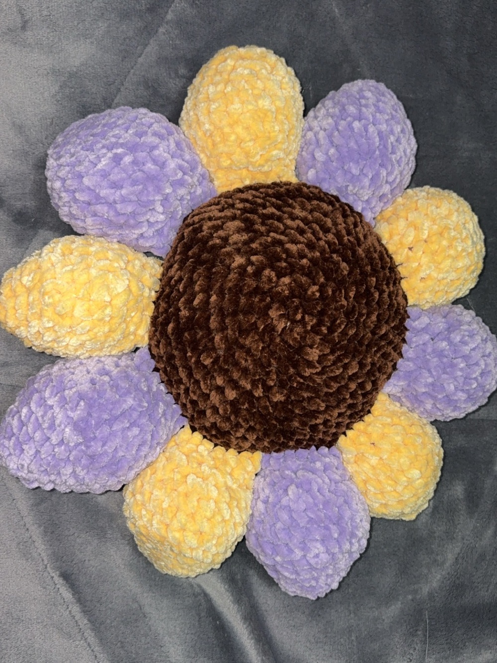 Plush Flower Throw Pillow - Purple, Yellow & Brown - hand crochet